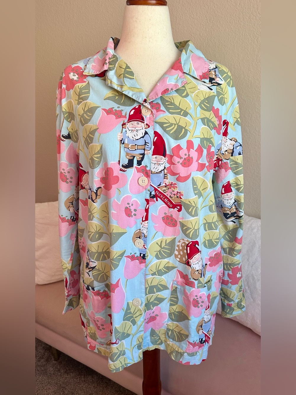 VTG Nick & Nora Pajama Top Cotton Floral Garden Gnome Button Shirt Women’s XL